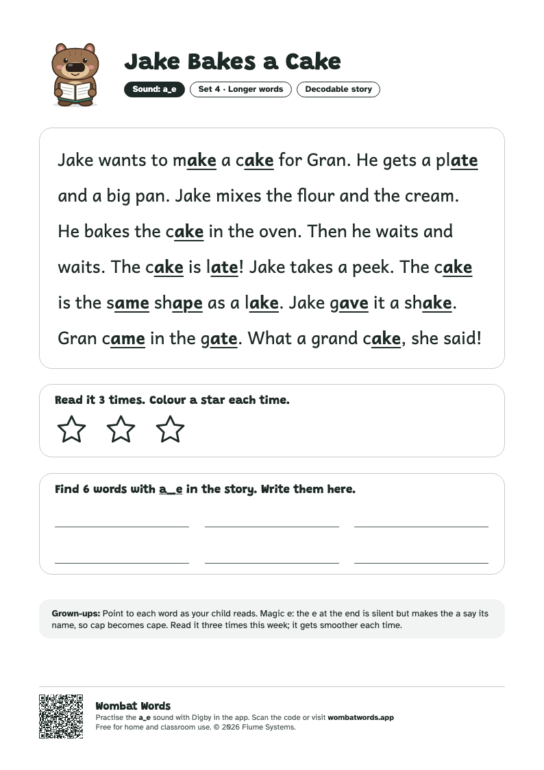 Jake Bakes a Cake: a_e decodable story printable