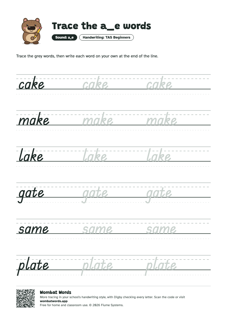 Page 2: TAS Beginners tracing sheet with the words cake, make, lake, gate, same, plate