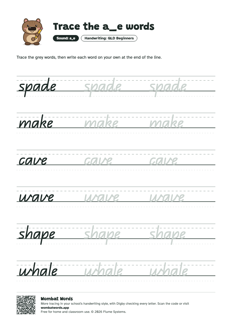 Page 2: QLD Beginners tracing sheet with the words spade, make, cave, wave, shape, whale