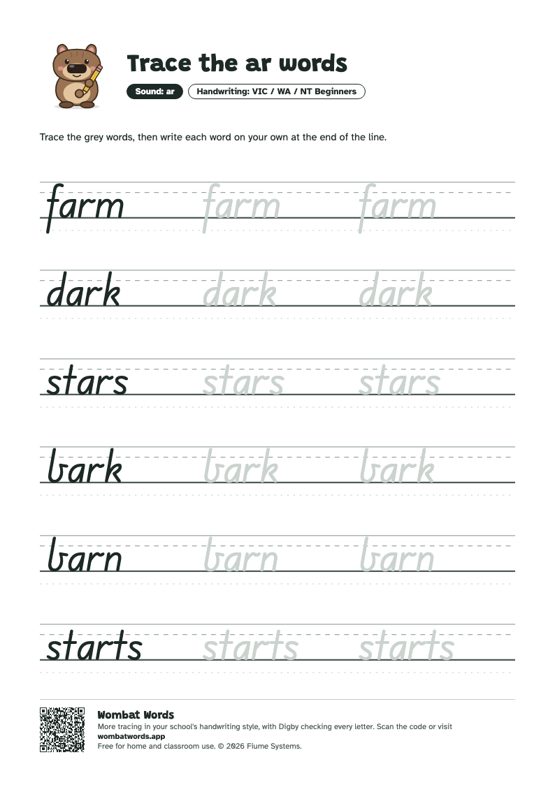 Page 2: VIC / WA / NT Beginners tracing sheet with the words farm, dark, stars, bark, barn, starts