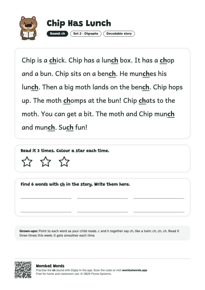 Chip Has Lunch: ch decodable story printable