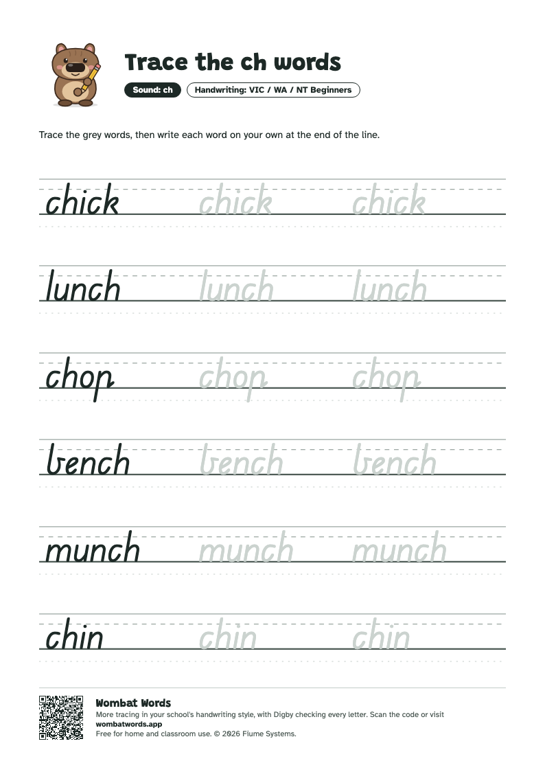 Page 2: VIC / WA / NT Beginners tracing sheet with the words chick, lunch, chop, bench, munch, chin
