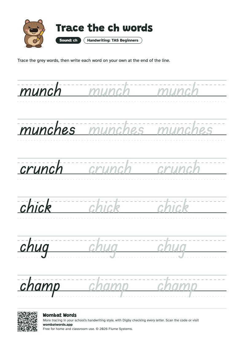 Page 2: TAS Beginners tracing sheet with the words munch, munches, crunch, chick, chug, champ