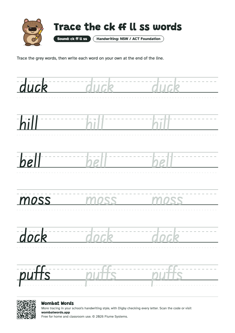 Page 2: NSW / ACT Foundation tracing sheet with the words duck, hill, bell, moss, dock, puffs