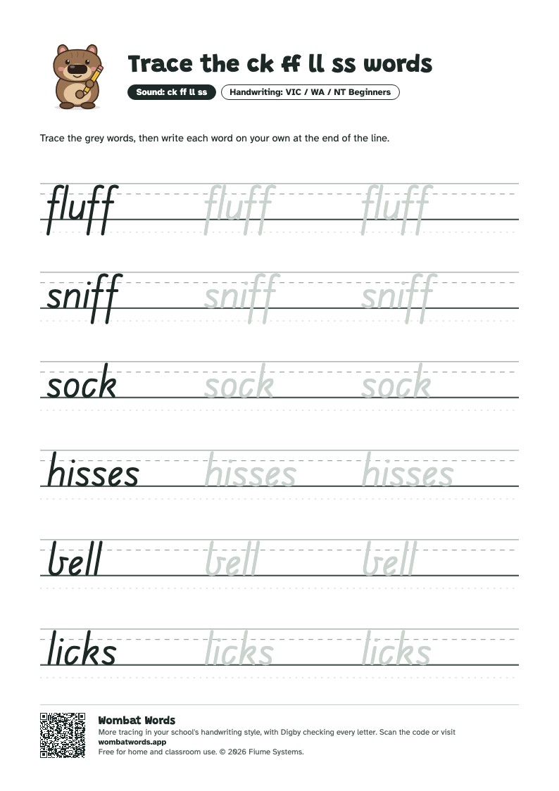 Page 2: VIC / WA / NT Beginners tracing sheet with the words fluff, sniff, sock, hisses, bell, licks