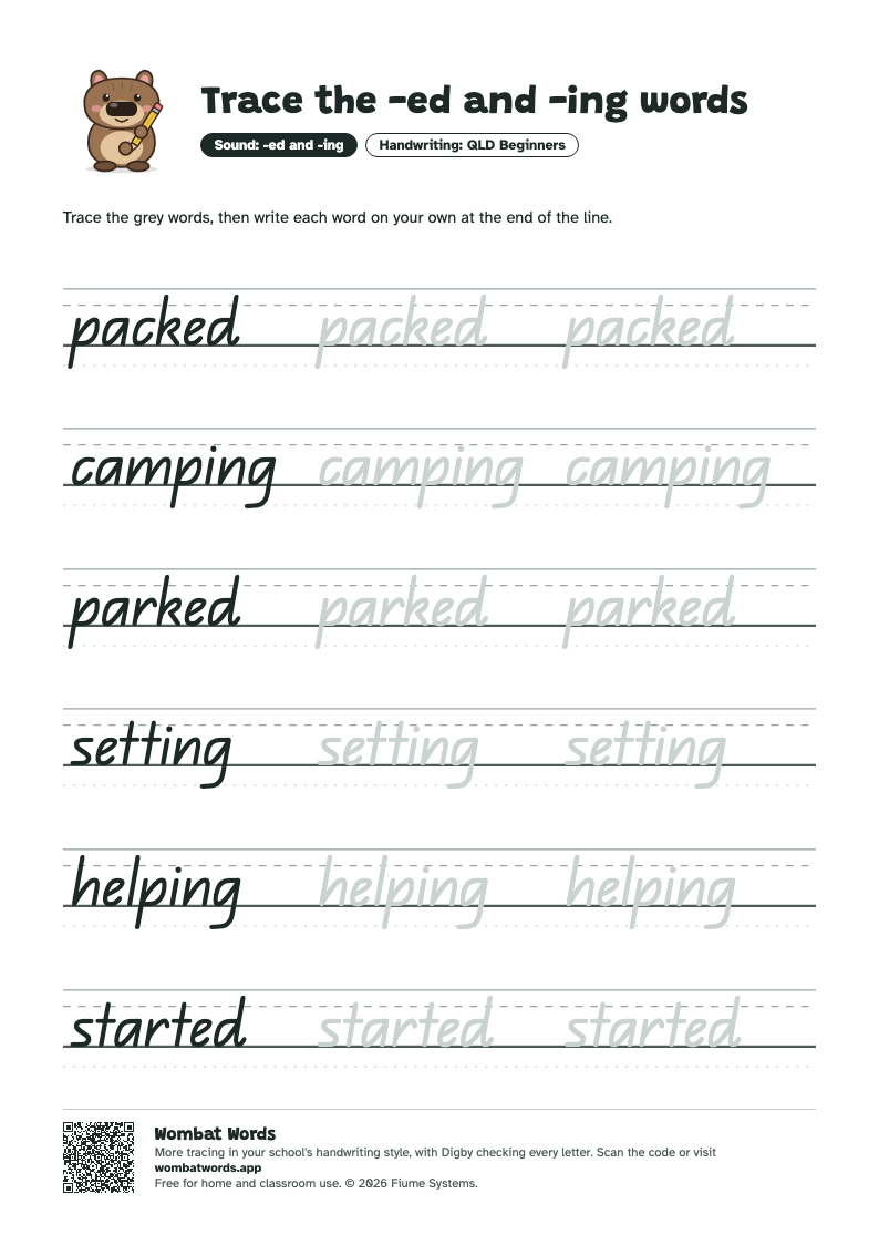 Page 2: QLD Beginners tracing sheet with the words packed, camping, parked, setting, helping, started