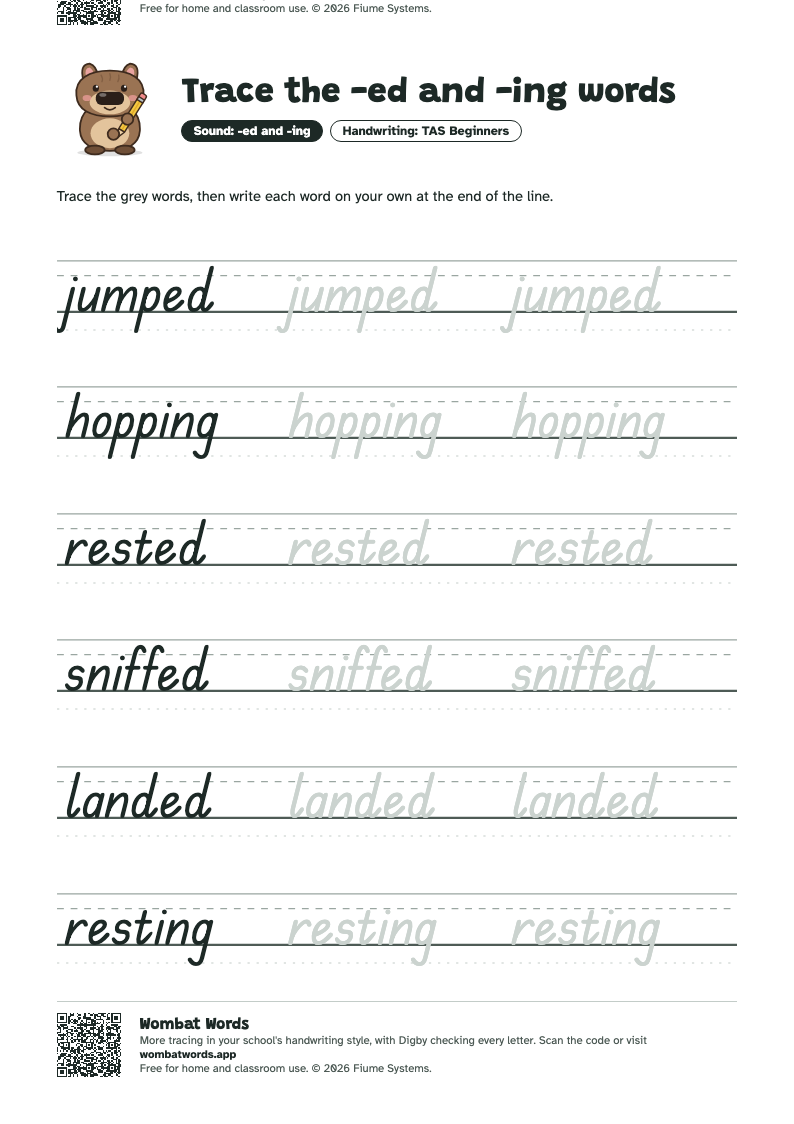 Page 2: TAS Beginners tracing sheet with the words jumped, hopping, rested, sniffed, landed, resting