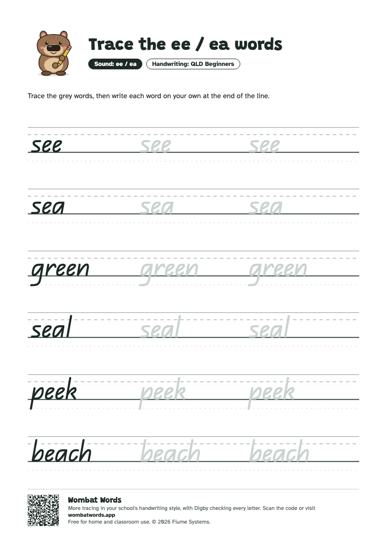 Page 2: QLD Beginners tracing sheet with the words see, sea, green, seal, peek, beach