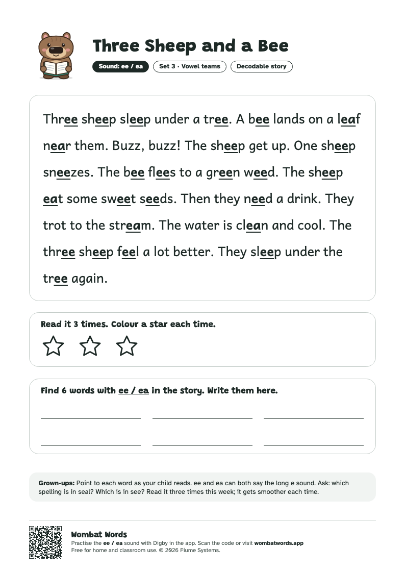 Three Sheep and a Bee: ee / ea decodable story printable