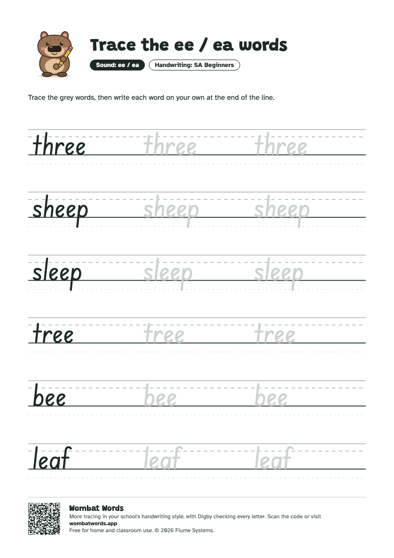 Page 2: SA Beginners tracing sheet with the words three, sheep, sleep, tree, bee, leaf