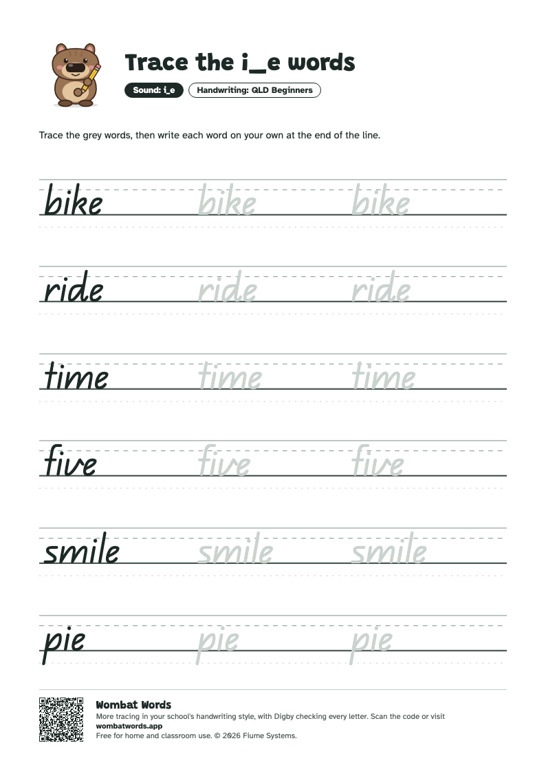 Page 2: QLD Beginners tracing sheet with the words bike, ride, time, five, smile, pie