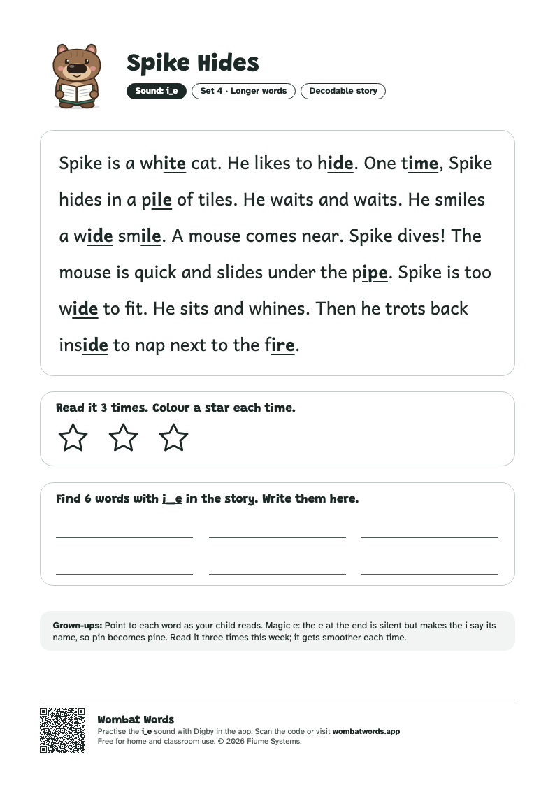 Spike Hides: i_e decodable story printable