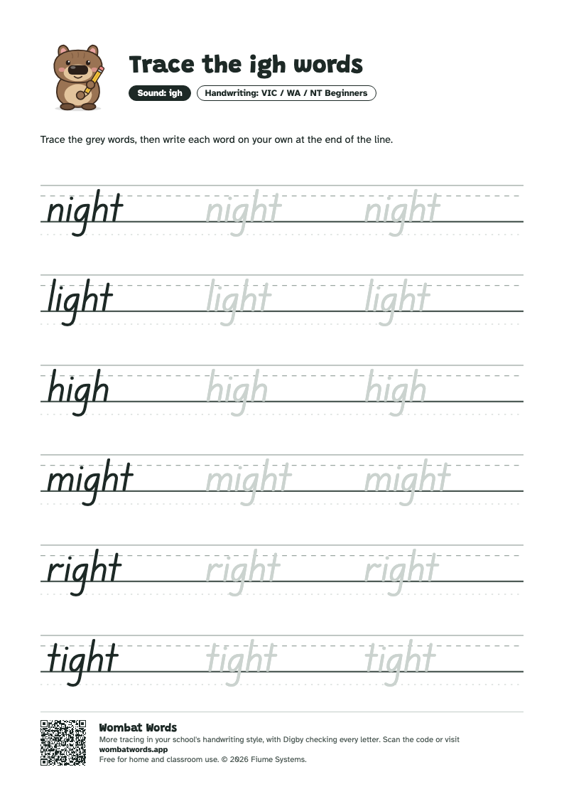 Page 2: VIC / WA / NT Beginners tracing sheet with the words night, light, high, might, right, tight