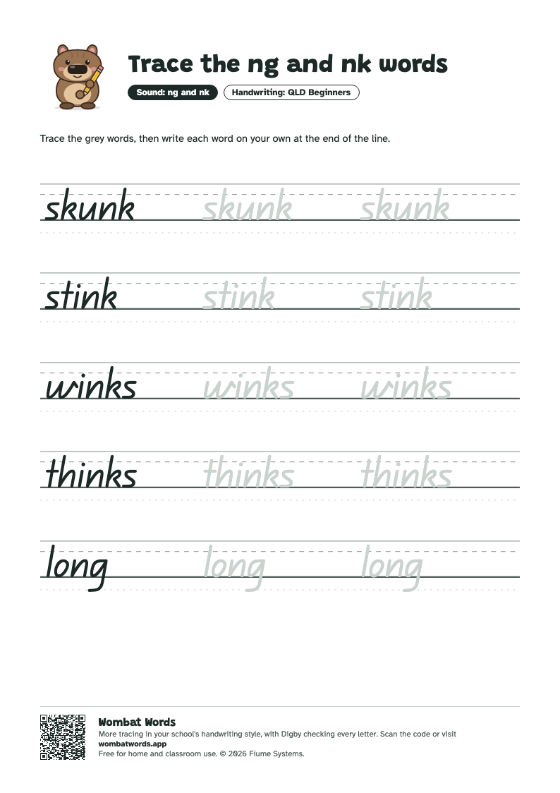 Page 2: QLD Beginners tracing sheet with the words skunk, stink, winks, thinks, long