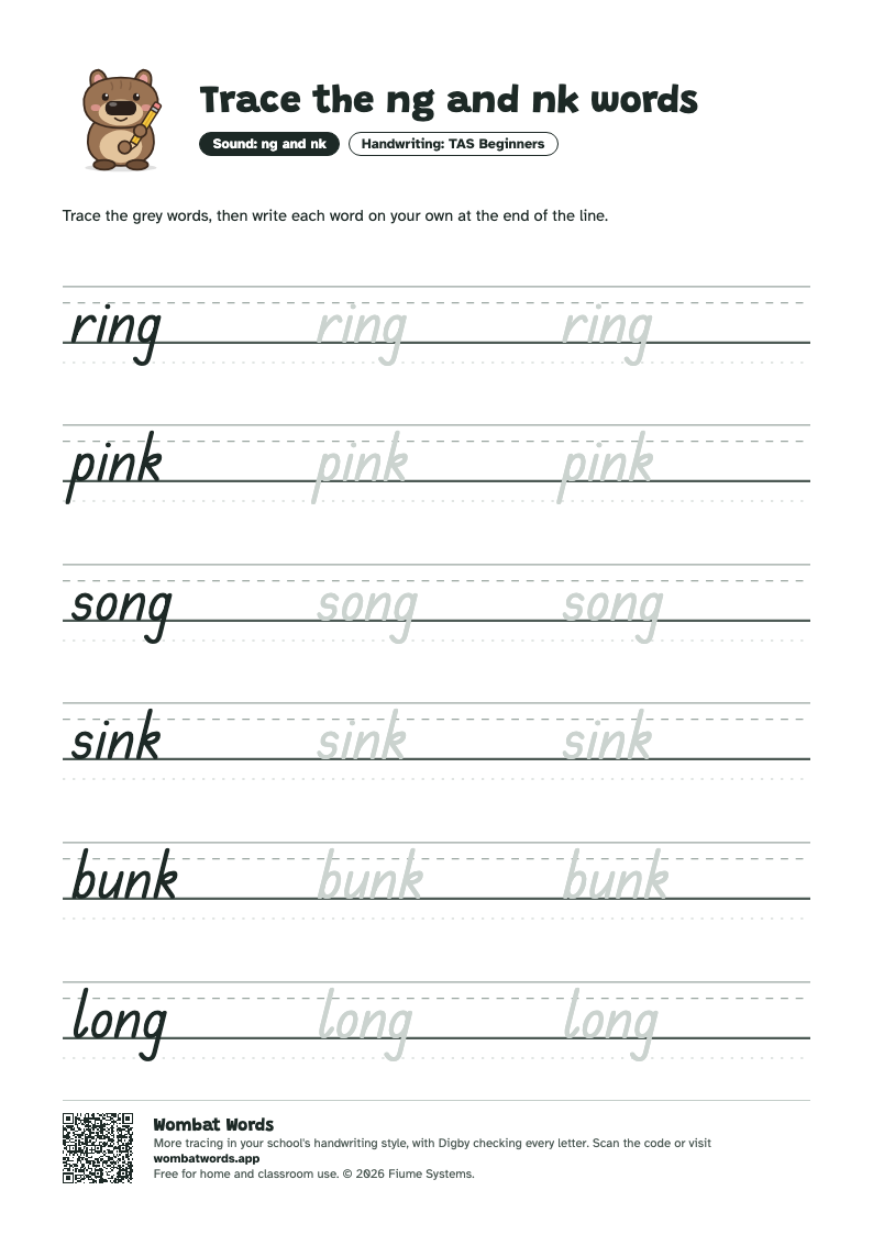 Page 2: TAS Beginners tracing sheet with the words ring, pink, song, sink, bunk, long