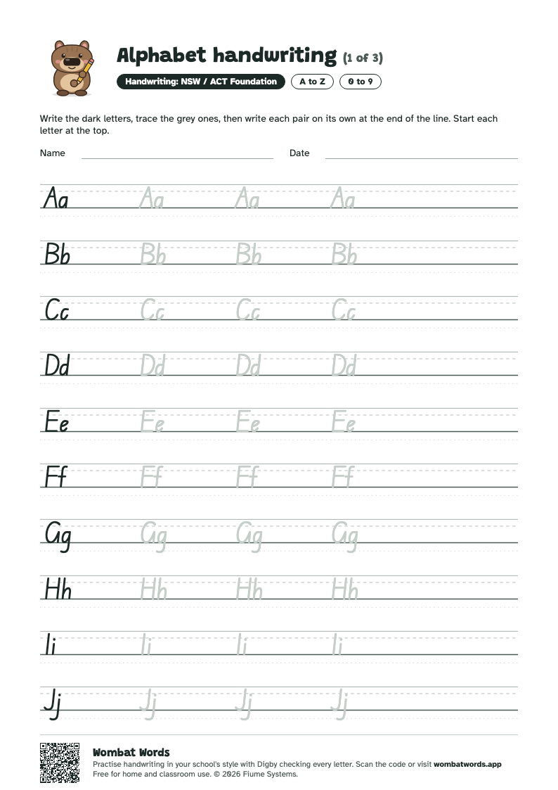 Alphabet handwriting worksheet in NSW / ACT Foundation handwriting