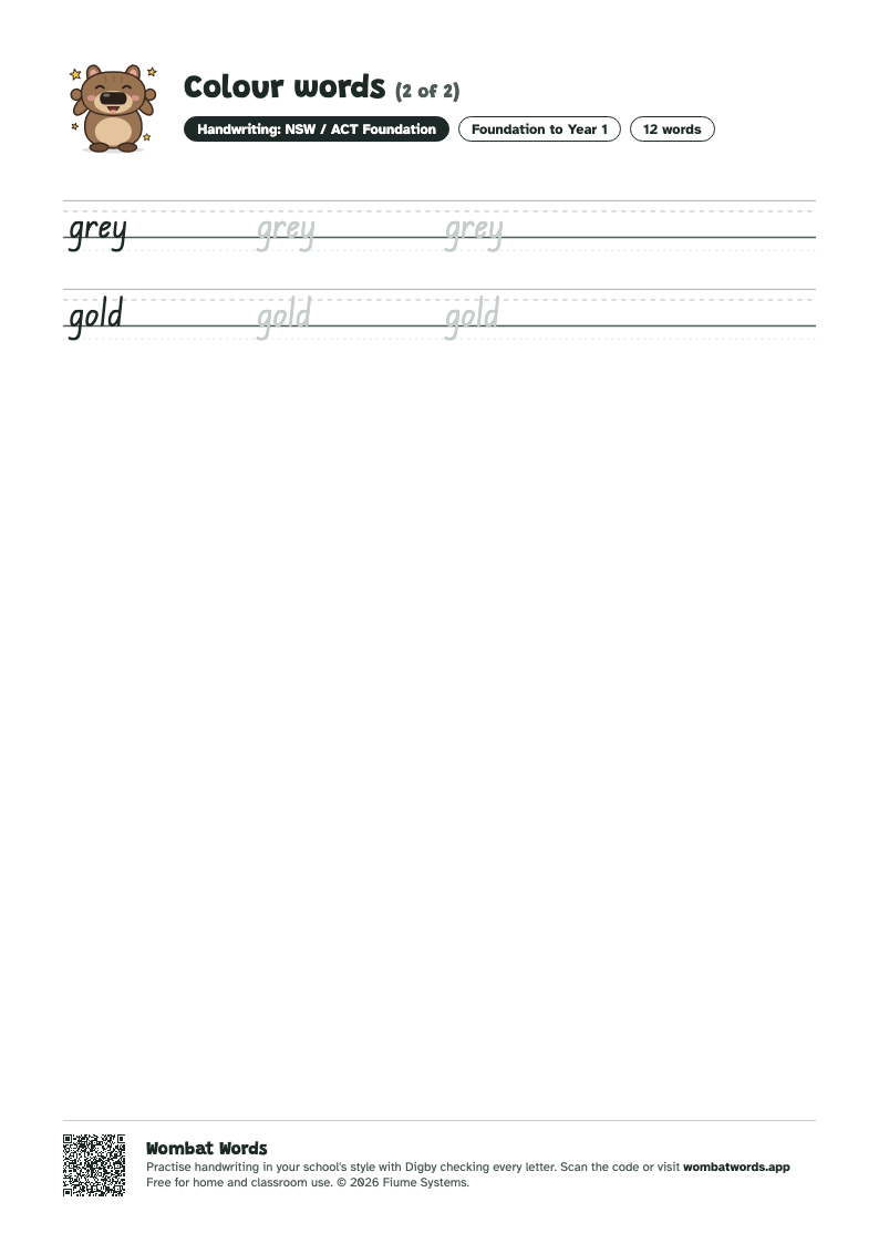 Page 2 of the Colour words worksheet