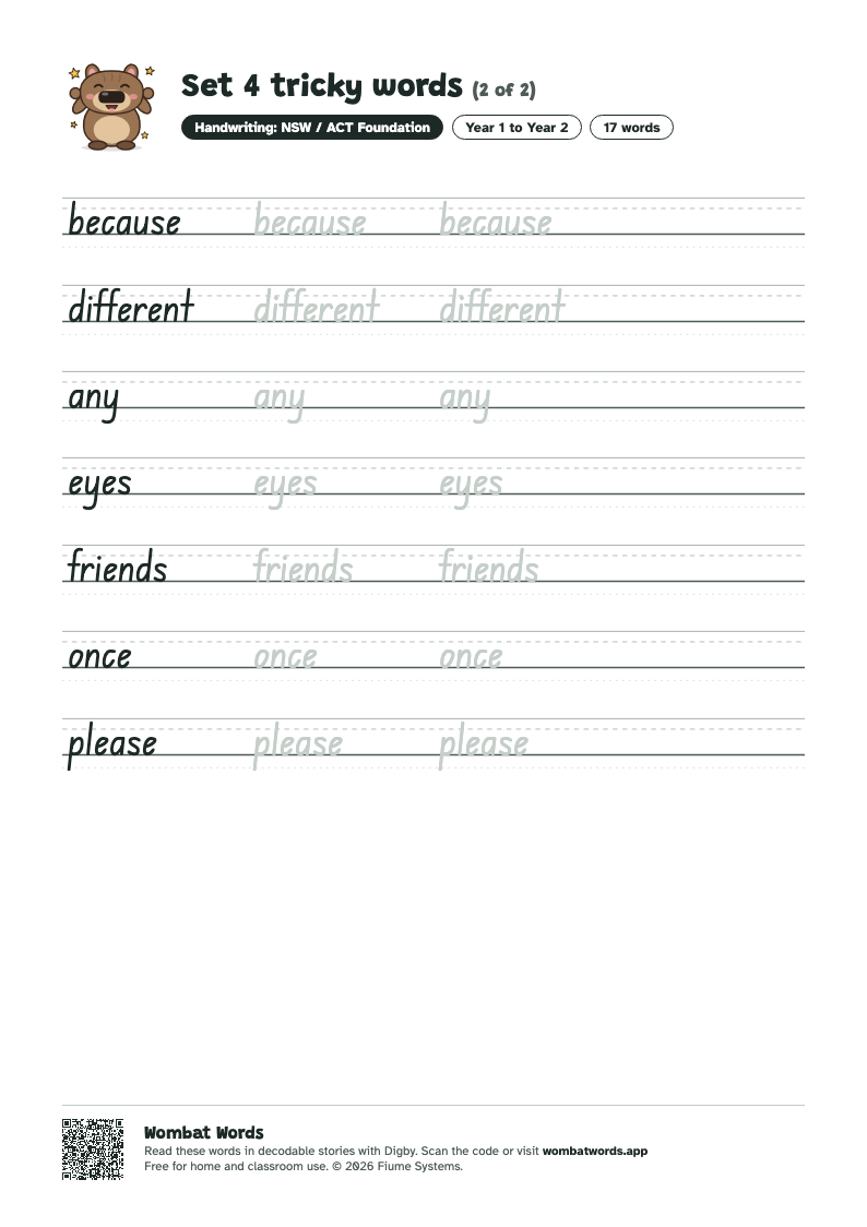 Page 2 of the Set 4 tricky words worksheet