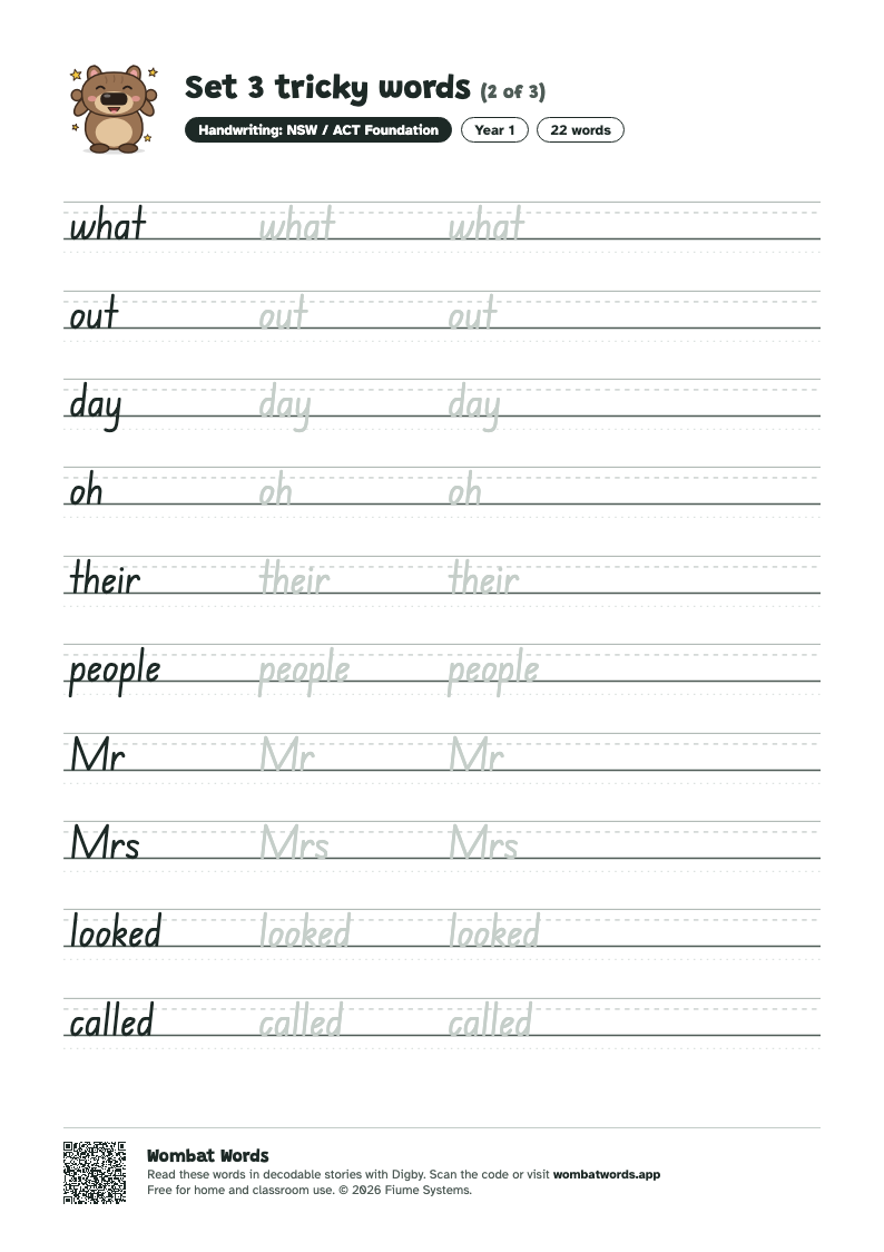 Page 2 of the Set 3 tricky words worksheet