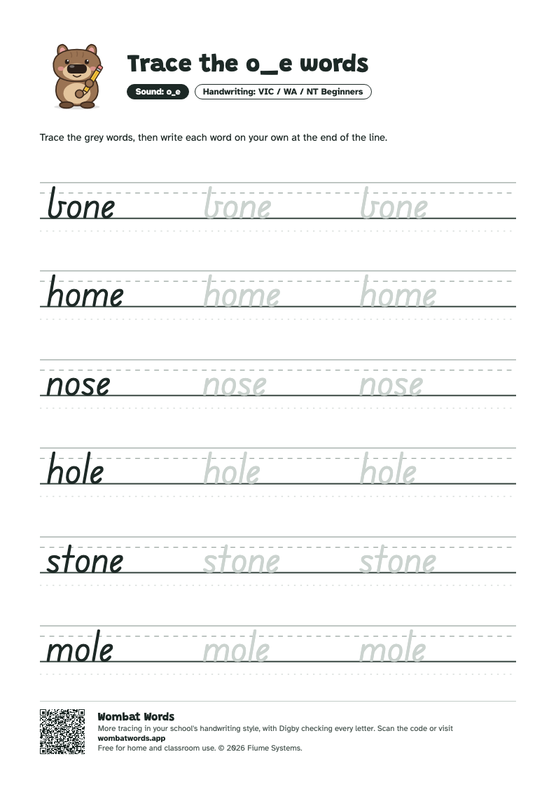 Page 2: VIC / WA / NT Beginners tracing sheet with the words bone, home, nose, hole, stone, mole
