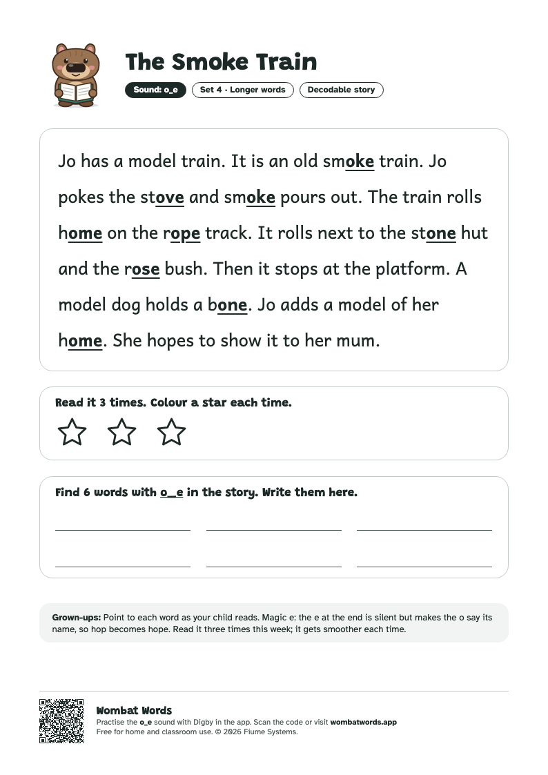 The Smoke Train: o_e decodable story printable