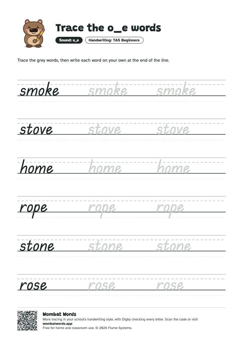 Page 2: TAS Beginners tracing sheet with the words smoke, stove, home, rope, stone, rose