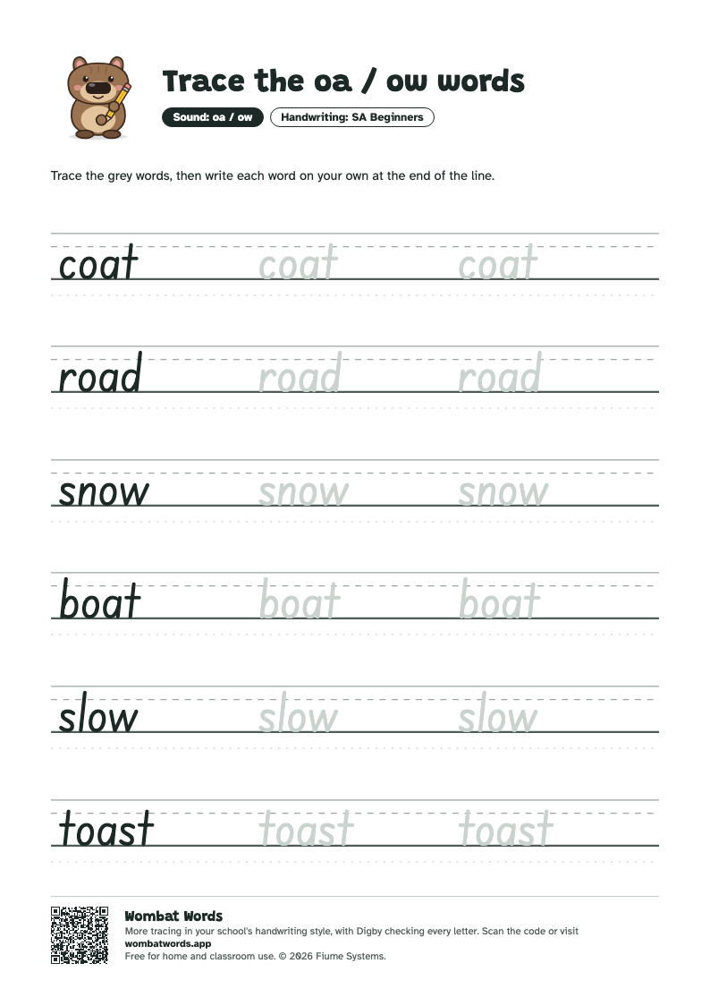 Page 2: SA Beginners tracing sheet with the words coat, road, snow, boat, slow, toast