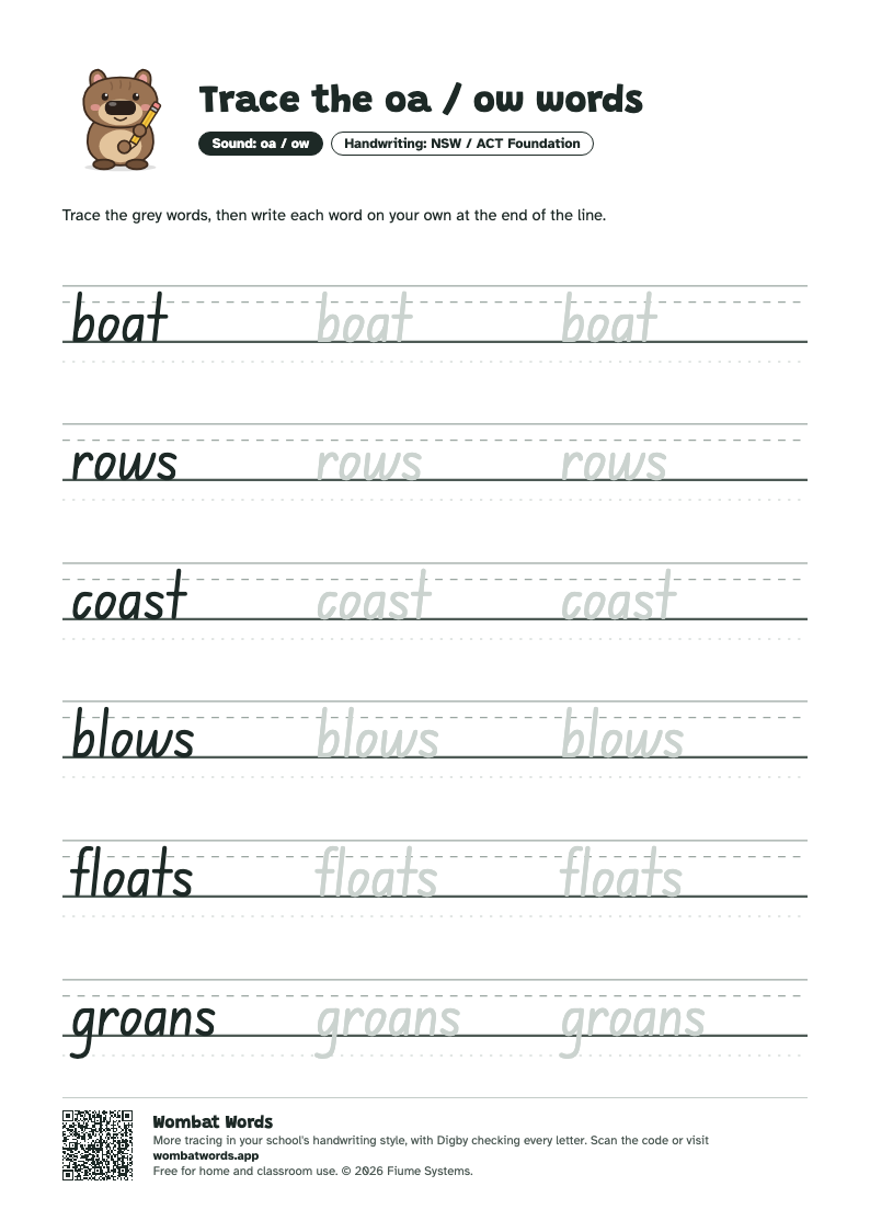 Page 2: NSW / ACT Foundation tracing sheet with the words boat, rows, coast, blows, floats, groans