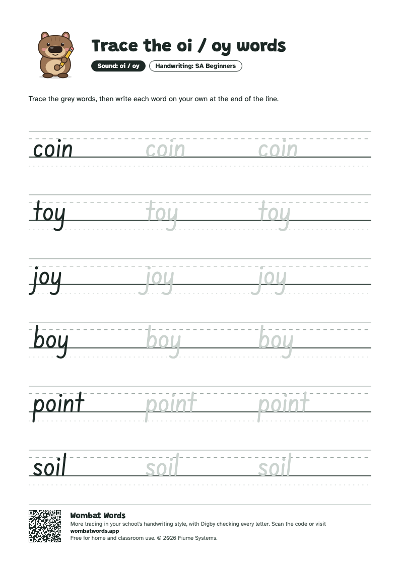 Page 2: SA Beginners tracing sheet with the words coin, toy, joy, boy, point, soil