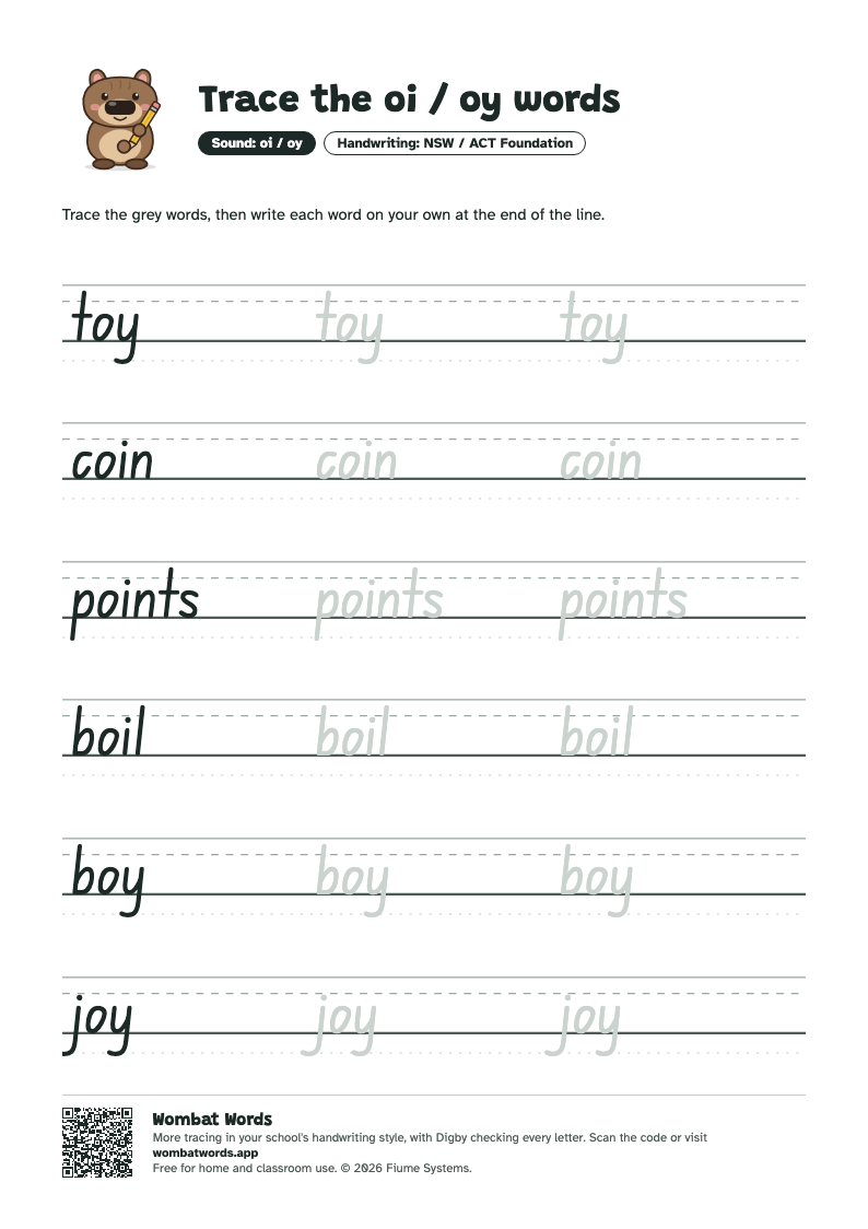 Page 2: NSW / ACT Foundation tracing sheet with the words toy, coin, points, boil, boy, joy
