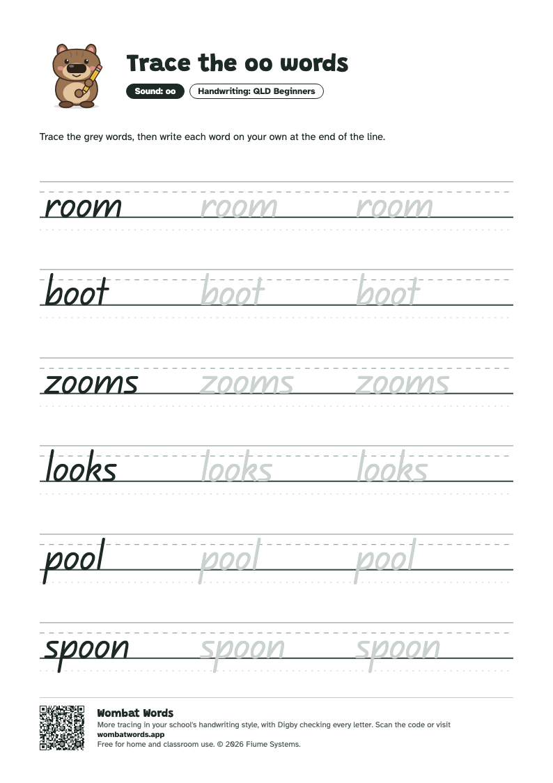 Page 2: QLD Beginners tracing sheet with the words room, boot, zooms, looks, pool, spoon