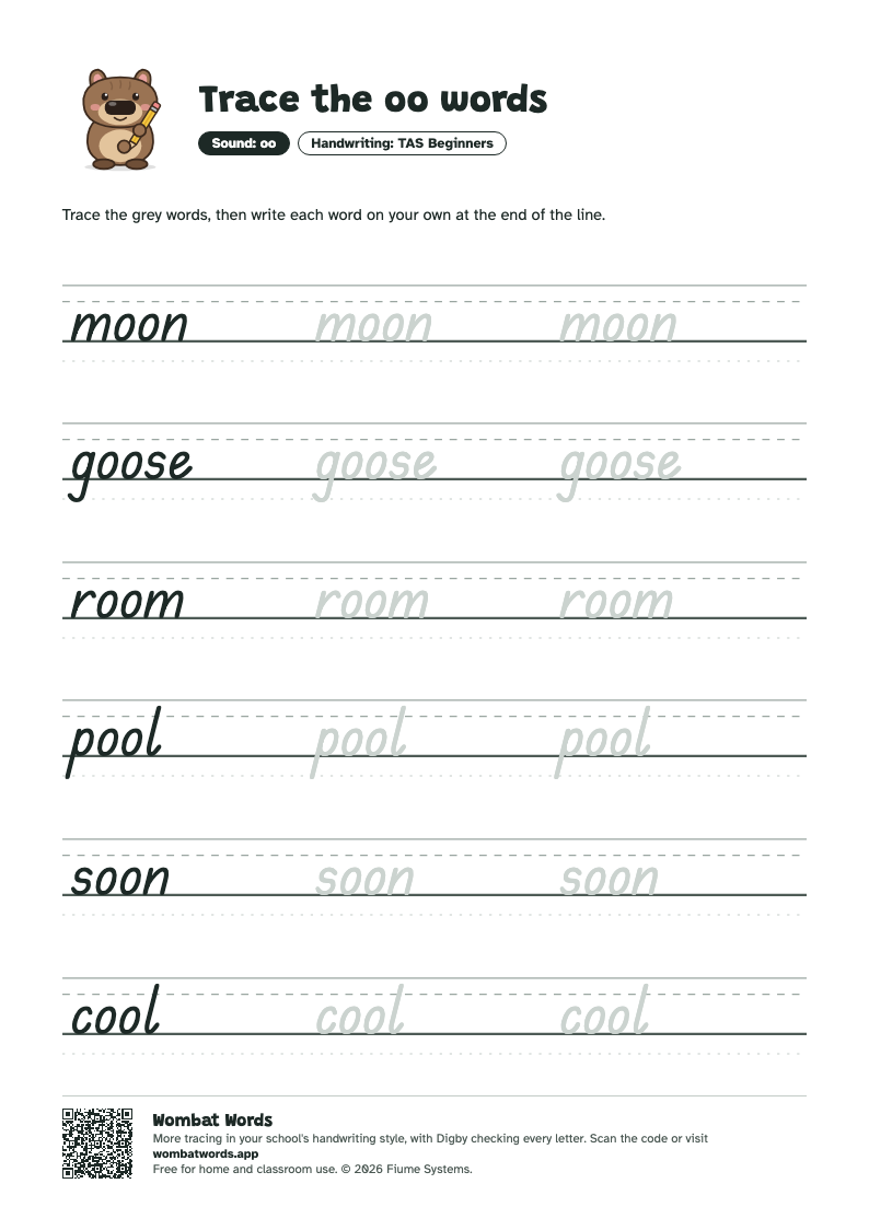 Page 2: TAS Beginners tracing sheet with the words moon, goose, room, pool, soon, cool