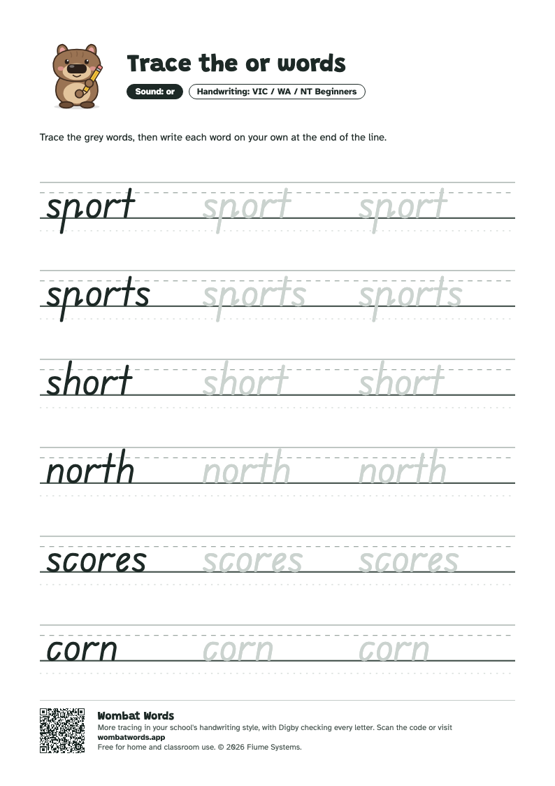 Page 2: VIC / WA / NT Beginners tracing sheet with the words sport, sports, short, north, scores, corn