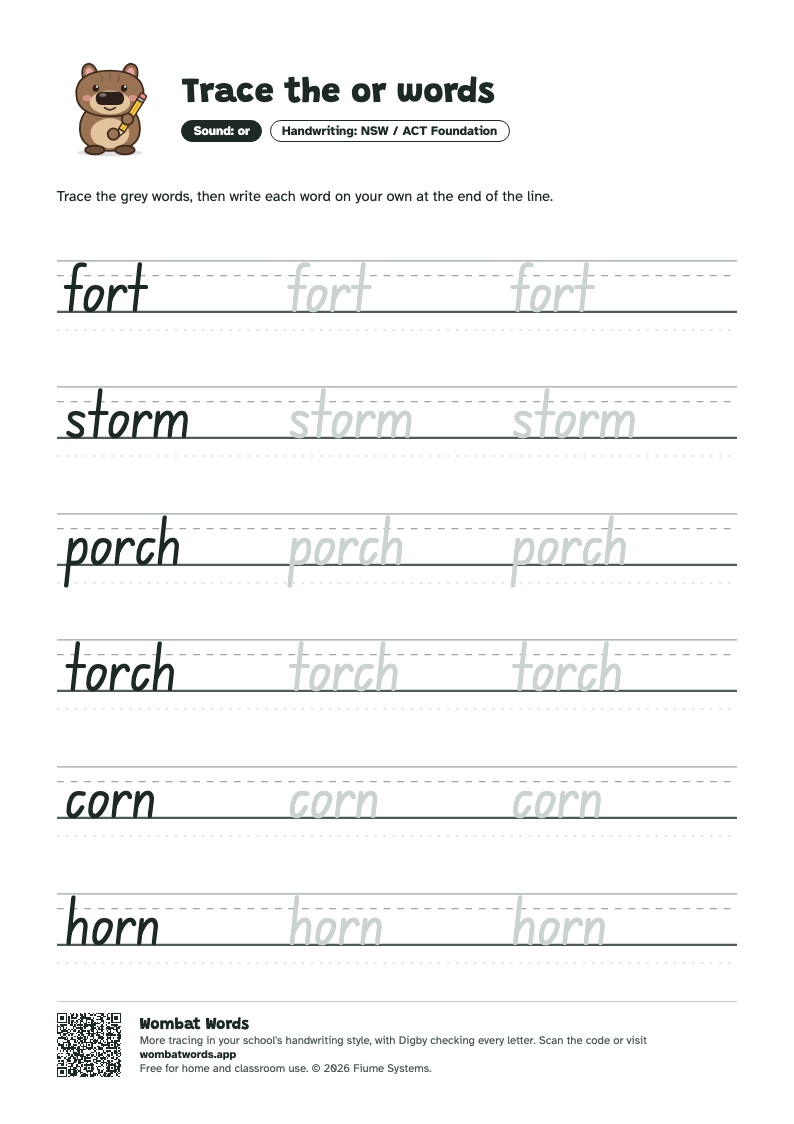 Page 2: NSW / ACT Foundation tracing sheet with the words fort, storm, porch, torch, corn, horn