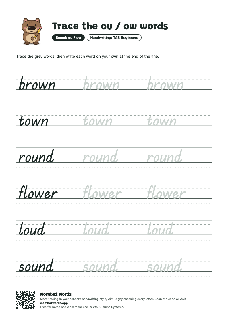 Page 2: TAS Beginners tracing sheet with the words brown, town, round, flower, loud, sound