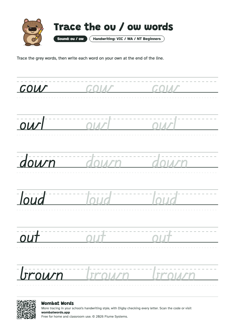 Page 2: VIC / WA / NT Beginners tracing sheet with the words cow, owl, down, loud, out, brown