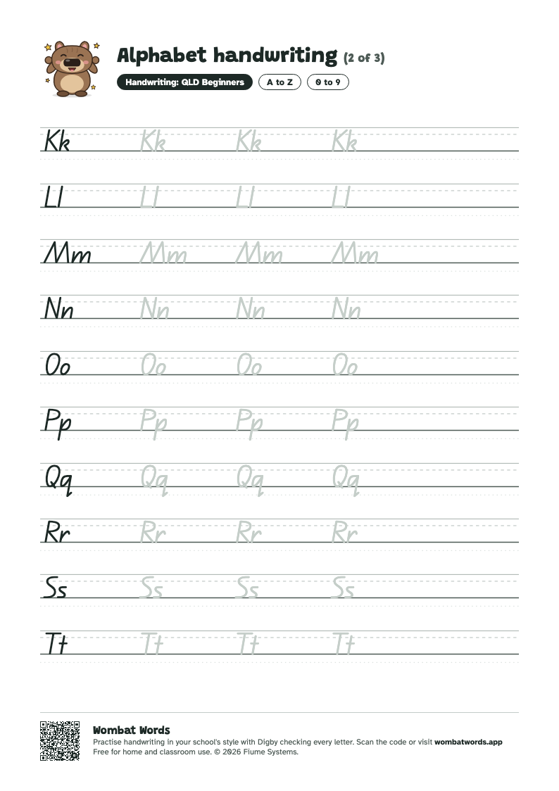 Page 2 of the Alphabet handwriting worksheet
