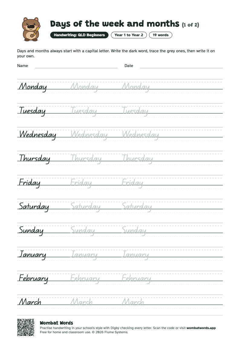 Days of the week and months worksheet in QLD Beginners handwriting