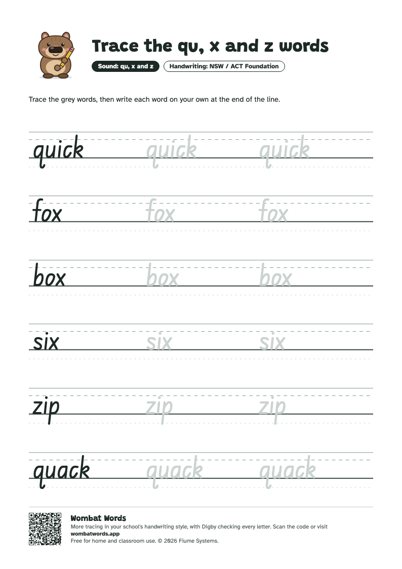 Page 2: NSW / ACT Foundation tracing sheet with the words quick, fox, box, six, zip, quack