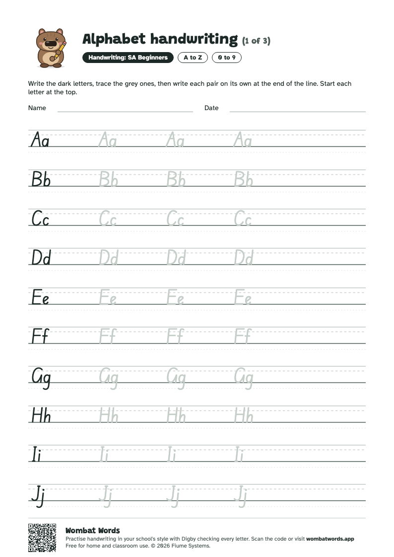 Alphabet handwriting worksheet in SA Beginners handwriting