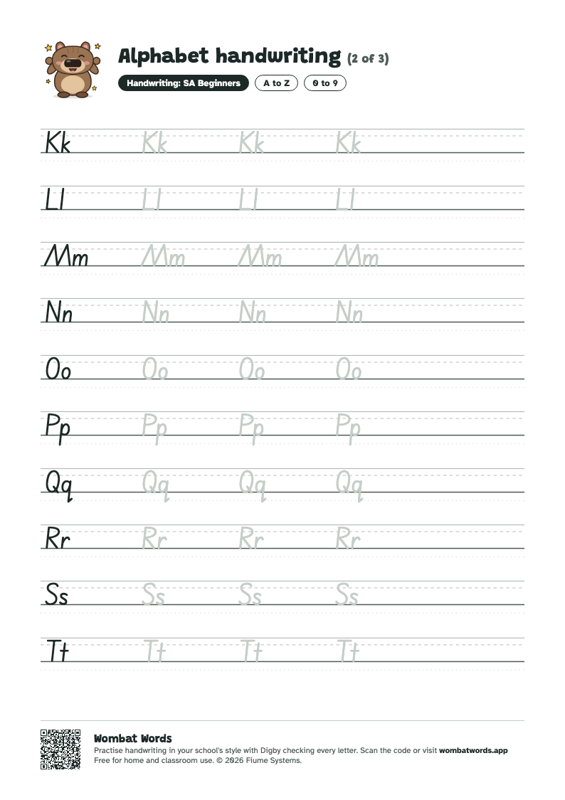 Page 2 of the Alphabet handwriting worksheet