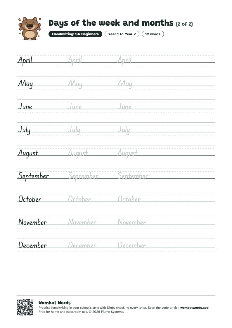 Page 2 of the Days of the week and months worksheet