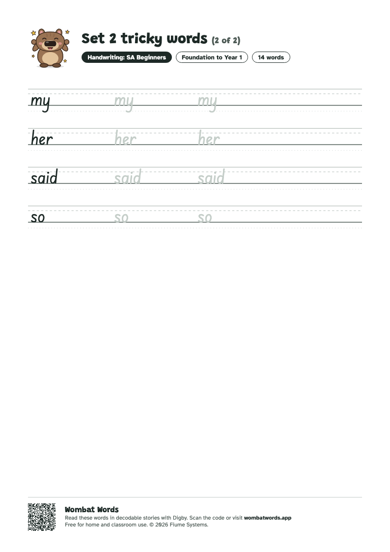 Page 2 of the Set 2 tricky words worksheet