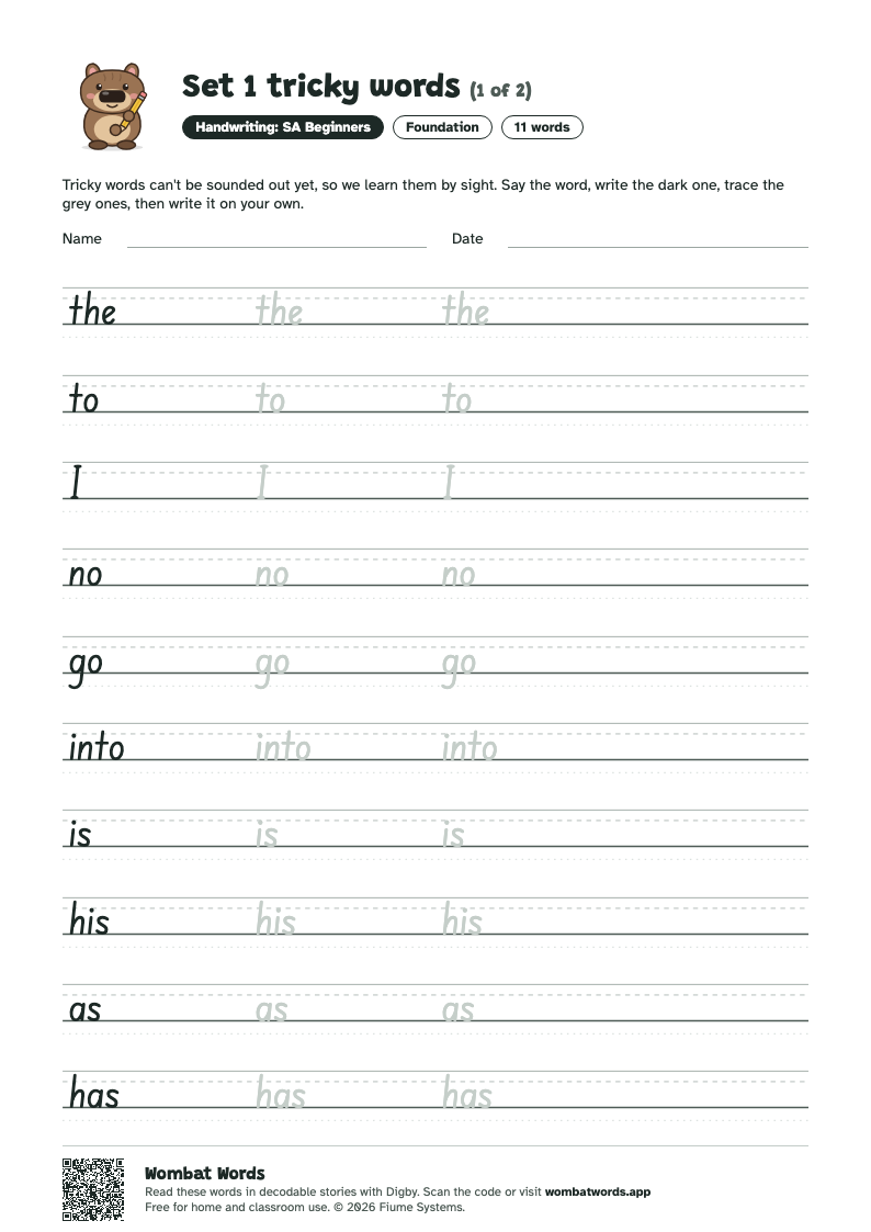 Set 1 tricky words worksheet in SA Beginners handwriting