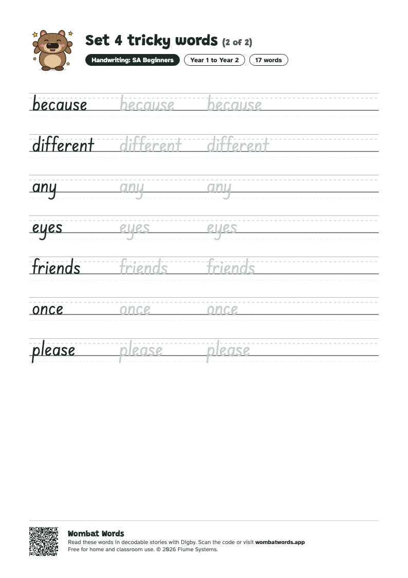 Page 2 of the Set 4 tricky words worksheet