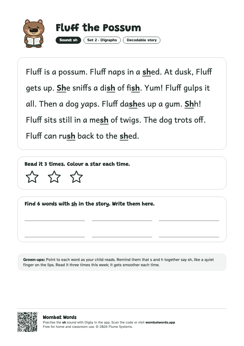 Fluff the Possum: sh decodable story printable