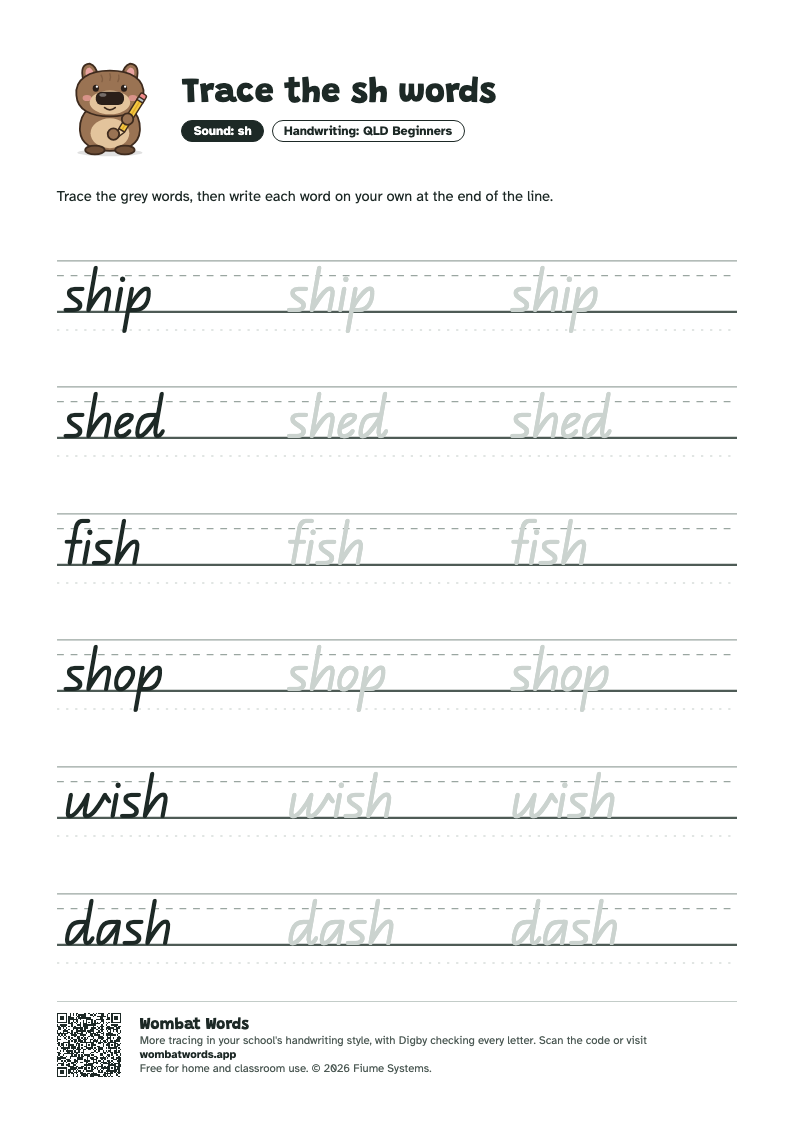 Page 2: QLD Beginners tracing sheet with the words ship, shed, fish, shop, wish, dash