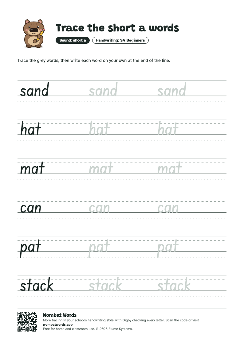 Page 2: SA Beginners tracing sheet with the words sand, hat, mat, can, pat, stack