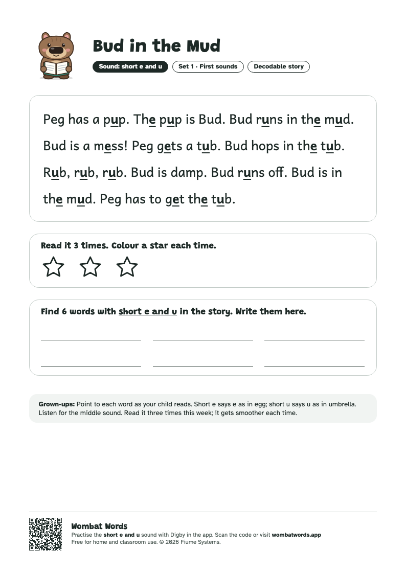 Bud in the Mud: short e and u decodable story printable
