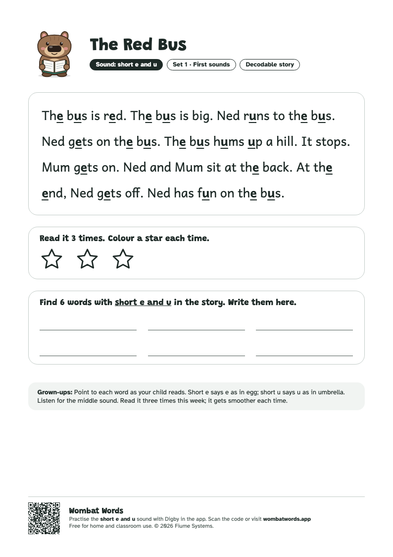 The Red Bus: short e and u decodable story printable